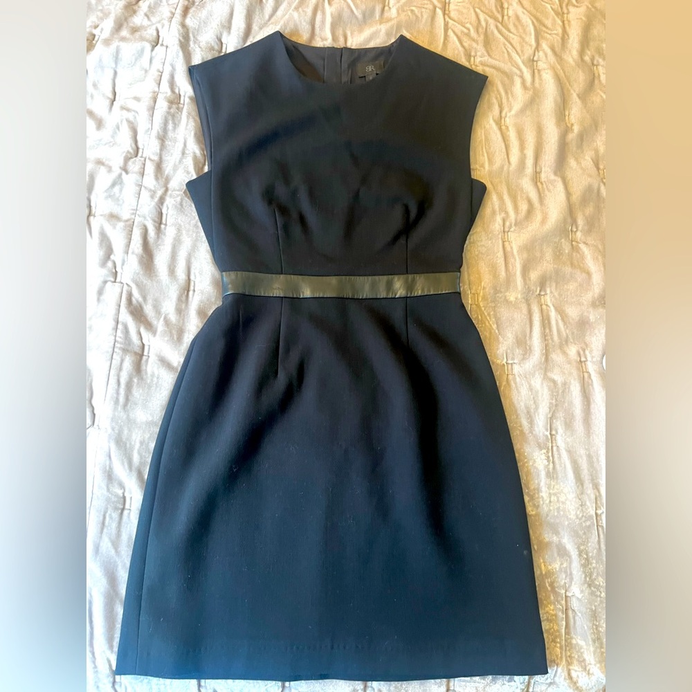 LBD, never worn, black mini dress with leather trim at waist. Super cute, dress